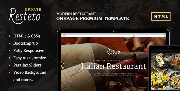 RESTETO – 高级餐厅美食HTML5单页模板-爱极客